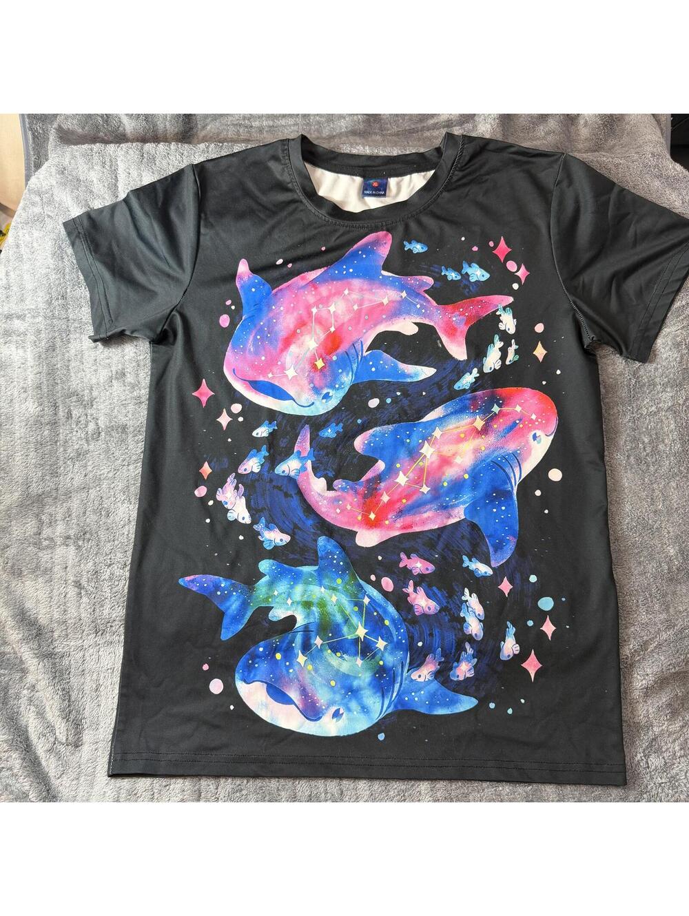 Kids XL Black T-Shirt Colorful Cosmic Whale Space Galaxy Print - All Over Print